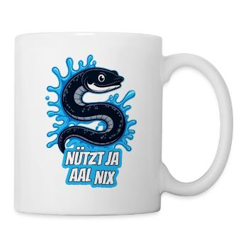 german pun "Nützt ja Aal Nix" Cartoon eel curls  - Mug - white - Right