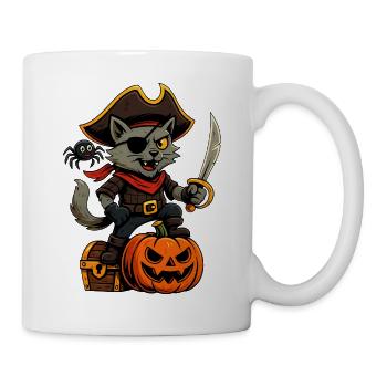 Piraten-Katze mit Kürbis, Schatztruhe und Spinne - Tasse - Weiß - Rechts