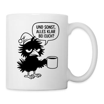 Schwarzer Rabe mit Schlafmütze und Sprechblase - Tasse - Weiß - Rechts