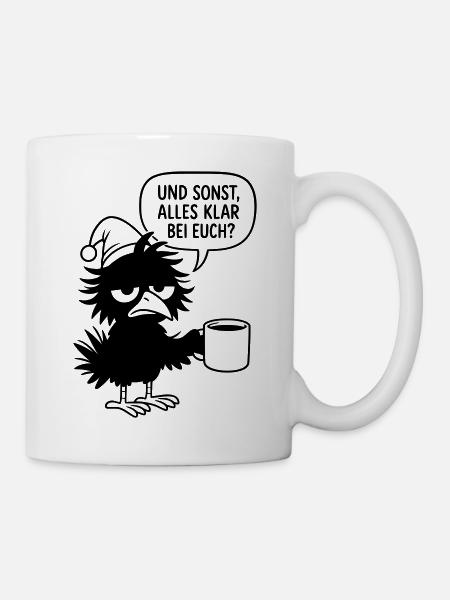 Schwarzer Rabe mit Schlafmütze und Sprechblase - Tasse - Weiß