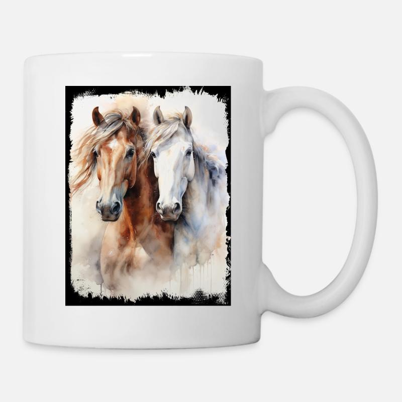 Zwei edle Pferde Portrait Aquarell Malerei Kunst  - Tasse - Weiß