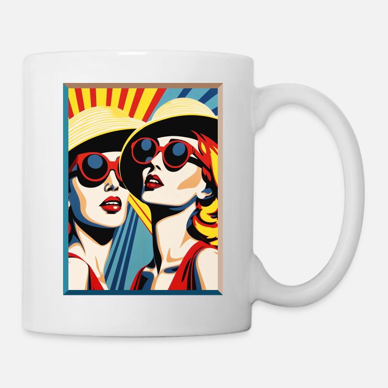 Pop Art Ladies with Sun Hat and Sunglasses - Mug - white