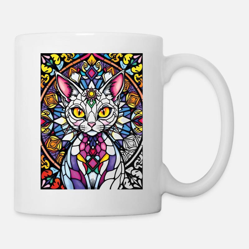 Katze im Buntglas-Mosaik - Tasse - Weiß
