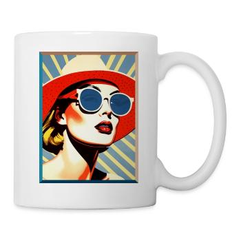 Pop Art Frau Sonnenhut Sonnenbrille Portrait Mode - Tasse - Weiß - Rechts