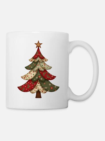 Vintage Patchwork Weihnachtsbaum – Gemütliches Qui - Tasse - Weiß