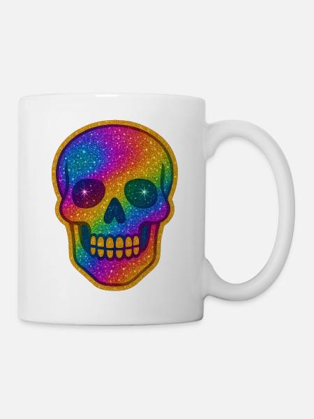Regenbogen Skull Glitzer zu Halloween - Tasse - Weiß