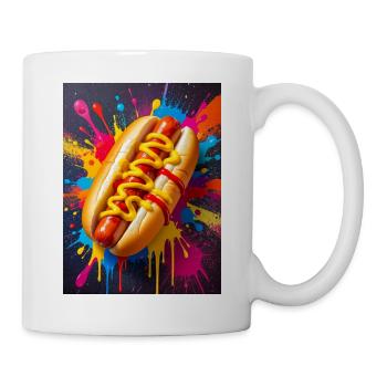 Klassischer Hot Dog, der in einem Sturm von Neonfarben leuchtet - Tasse - Weiß - Rechts