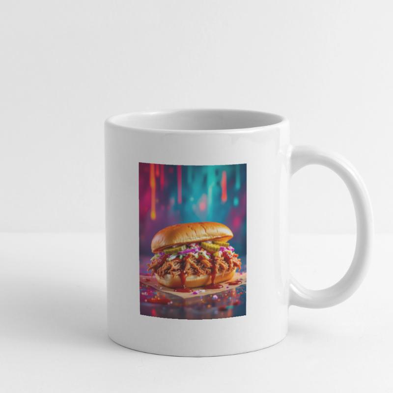 Juicy pulled pork burger surrounded by explosive Mug