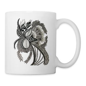 Monochrom Blumengeäst Ornament - Tasse - Weiß - Rechts