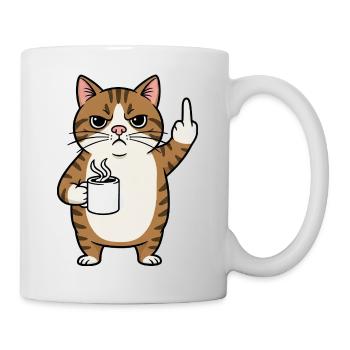 Annoyed cat with coffee and middle finger cartoon - Mug - white - Right