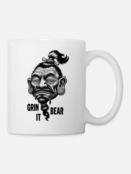 Grinse 'und' halte es aus – dunkle Comic-Stammesschädelkunst - Tasse - Weiß