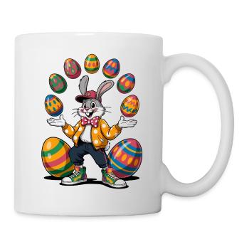 Osterhase mit bunten Eiern und Hoodie - Tasse - Weiß - Rechts