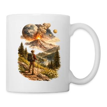 Hikers in front of erupting volcano and strange world - Mug - white - Right