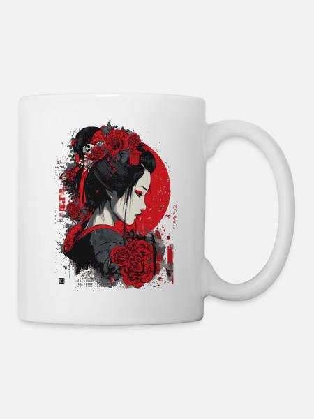 Geisha mit roten Rosen - Tasse - Weiß