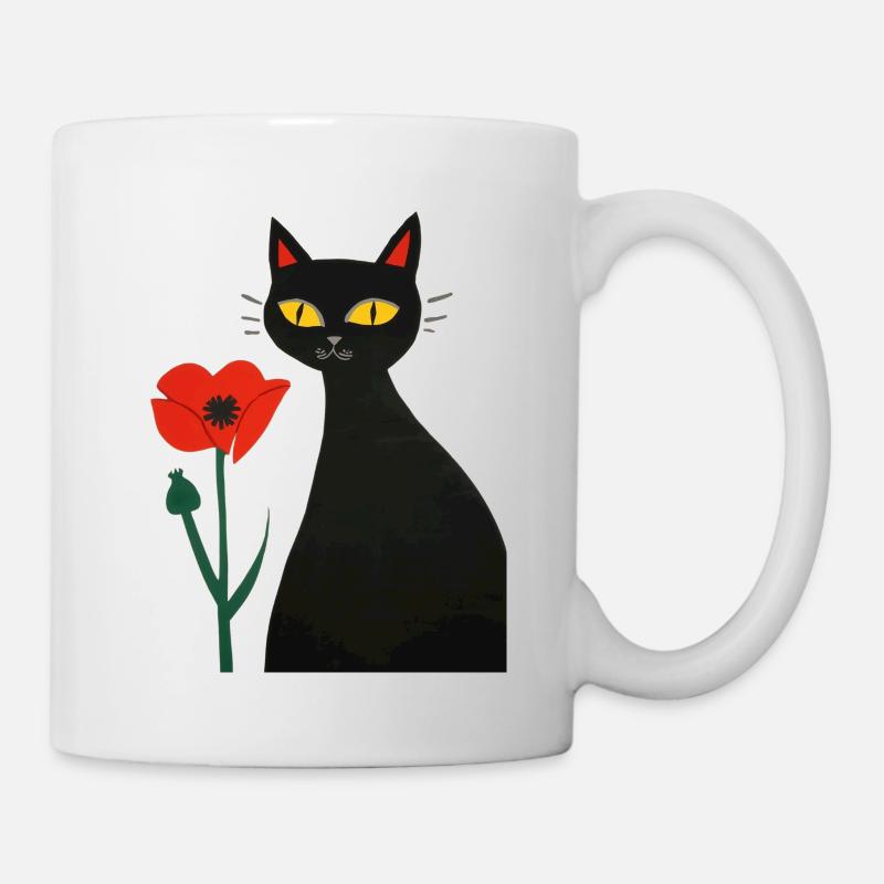 Black cat with poppies - Mug - white