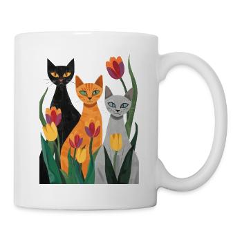 Drei stilisierte Katzen: schwarz, grau, orange - Tasse - Weiß - Rechts