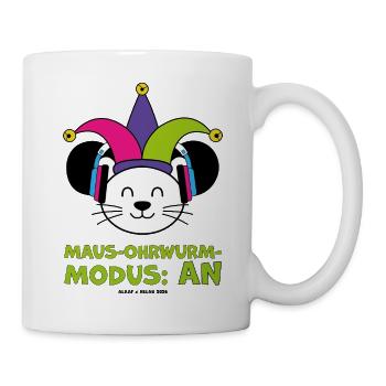 Karnevalsmaus mit Narrenkappe und Kopfhörern - Tasse - Weiß - Rechts