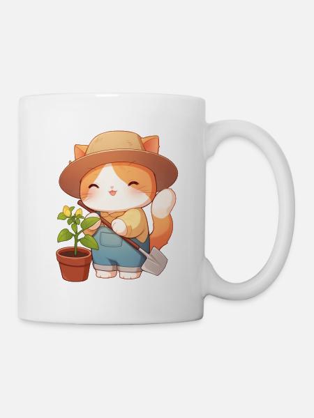 Cute Gardener Cat – Kawaii Kitten in the Garden - Mug - white