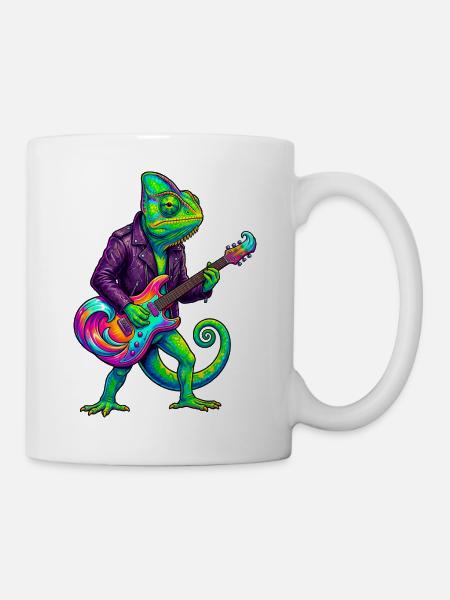 Chamäleon in Lederjacke und Neon E-Gitarre - Tasse - Weiß