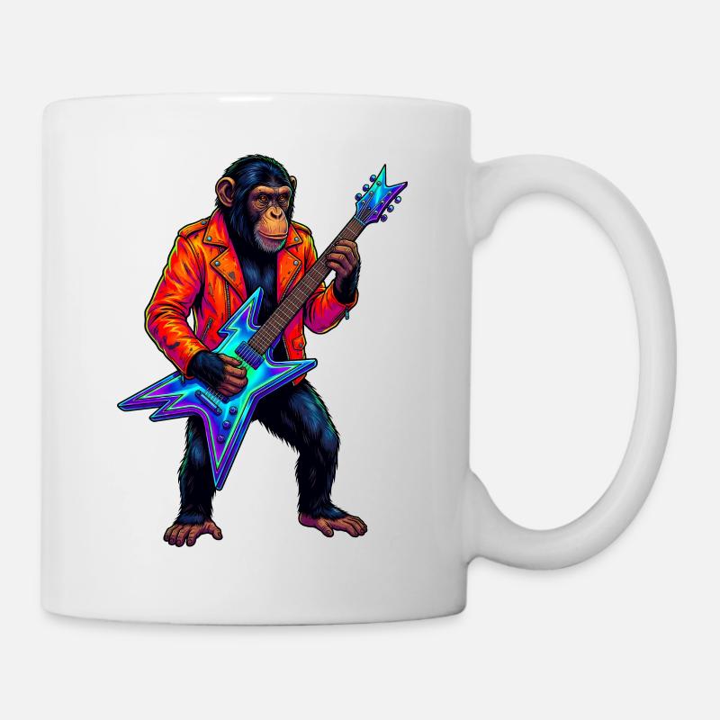 Schimpanse in Lederjacke und Neon E-Gitarre - Tasse - Weiß