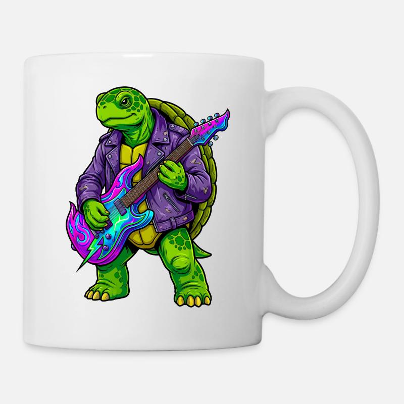 Schildkröte mit Jacke und Neon E-Gitarre - Tasse - Weiß