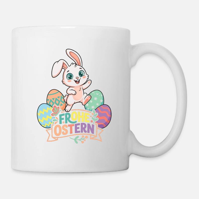 Frohe Ostern Hase mit bunten Eiern - Tasse - Weiß