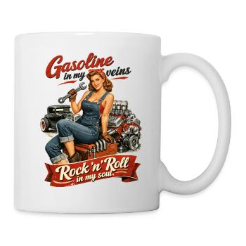 Retro Pin-up Hot Rod: Gasoline & Rock n Roll Soul - Tasse - Weiß - Rechts