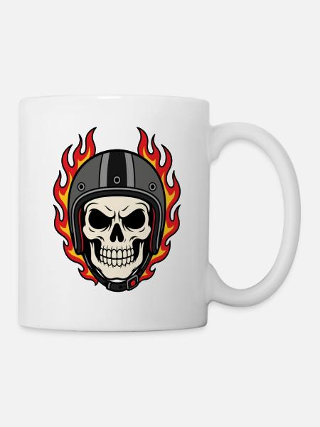 Flammender Totenkopf mit Motorradhelm - Tasse - Weiß