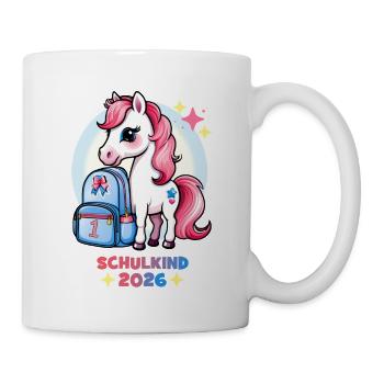 Pony mit Schulranzen Schulkind 2026 Rosa Blau - Tasse - Weiß - Rechts