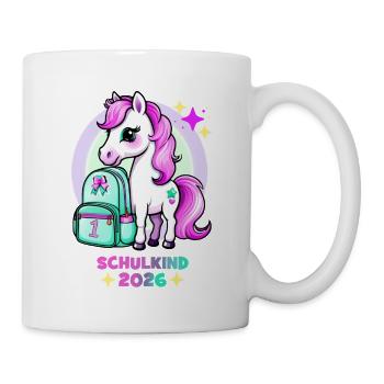 Pony mit Schulranzen Schulkind 2026 Pink Türkis - Tasse - Weiß - Rechts
