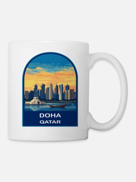 Doha Qatar Skyline Retro Sonnenuntergangs-Reiseabzeichen - Tasse - Weiß