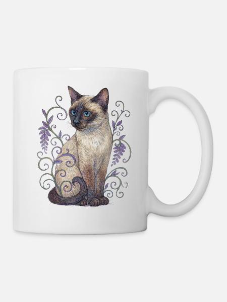 Siamkatze zwischen violetten Ranken - Tasse - Weiß