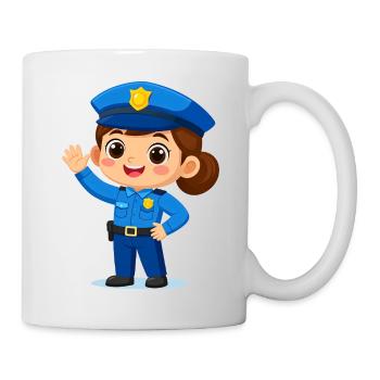 Comic-Polizistin winkt lachend – Lustiges Design - Tasse - Weiß - Rechts