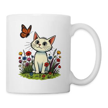Weiße Katze mit Schmetterling auf Blumenwiese - Tasse - Weiß - Rechts