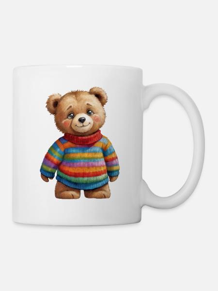 Cute teddy bear in colorful striped sweater - Mug - white
