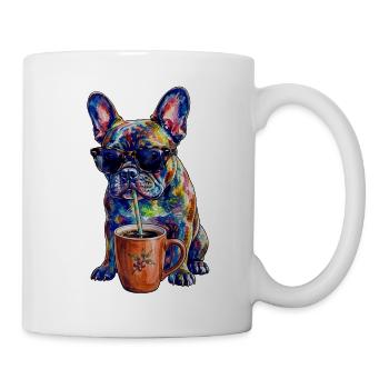 Coole Französische Bulldogge mit Kaffee - Tasse - Weiß - Rechts