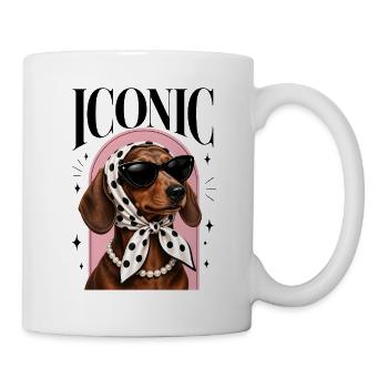 Dackel mit Sonnenbrille, Kopftuch & Perlenkette - Tasse - Weiß - Rechts