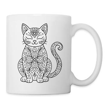 Katze mit Blumen Mandala im Körper zum ausmalen - Tasse - Weiß - Rechts