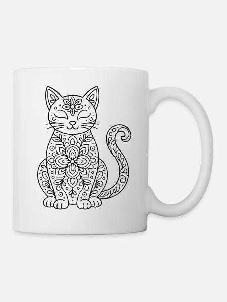 Katze mit Blumen Mandala im Körper zum ausmalen - Tasse - Weiß