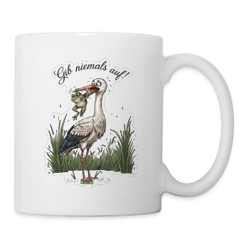 Gib niemals auf! – Frosch wehrt sich gegen Storch - Tasse - Weiß - Rechts