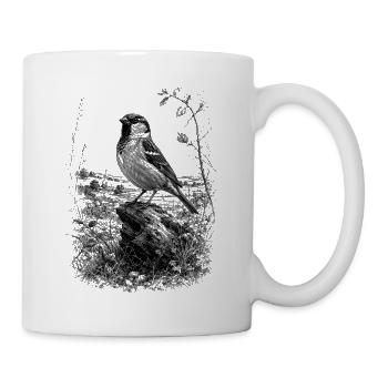 Süßer Spatz kunstvoll gezeichnet auf Baumstamm - Tasse - Weiß - Rechts