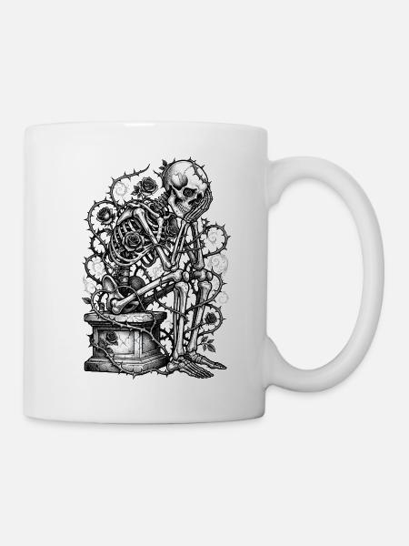 Skelett mit Rosen Gravur - Tasse - Weiß