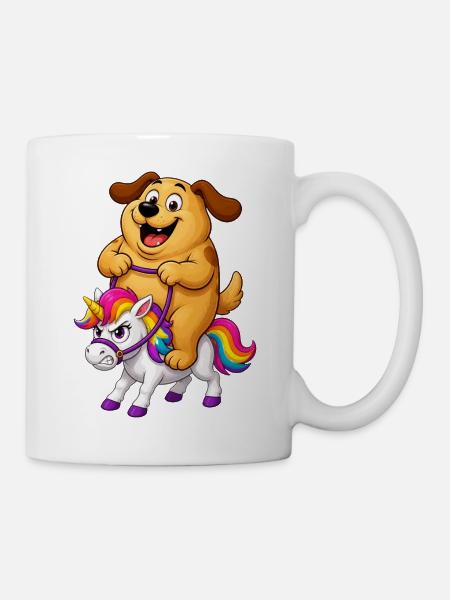 Hund reitet grummeliges Regenbogen-Einhorn - Tasse - Weiß