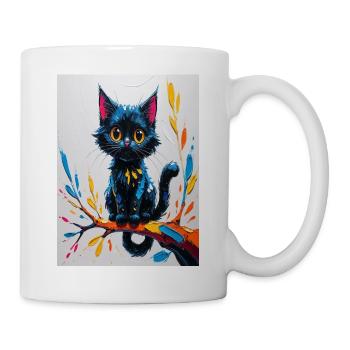 Hellschwarze Katze auf bunten Ast - Tasse - Weiß - Rechts