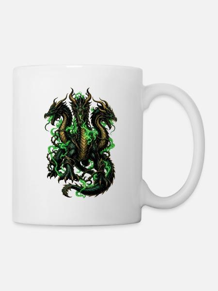 Dreiköpfiger Grünflammen-Drachen - Tasse - Weiß