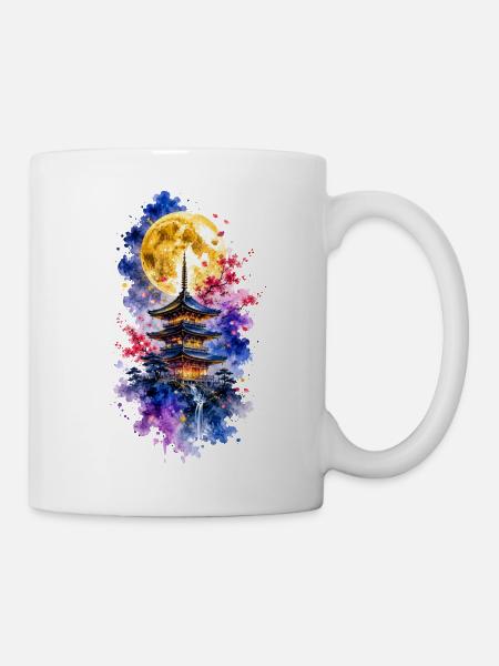 Japan Pagode Vollmond Sakura Aquarell - Tasse - Weiß