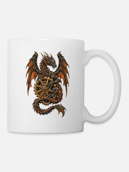 Steampunk Drache mit Zahnrädern - Tasse - Weiß