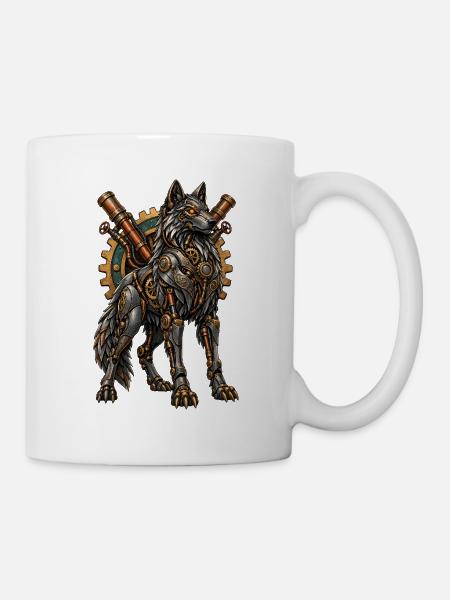 Steampunk-Wolf mit Zahnrädern - Tasse - Weiß