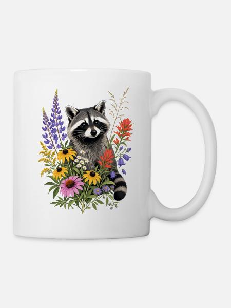Waschbär in Blumenwiese - Tasse - Weiß