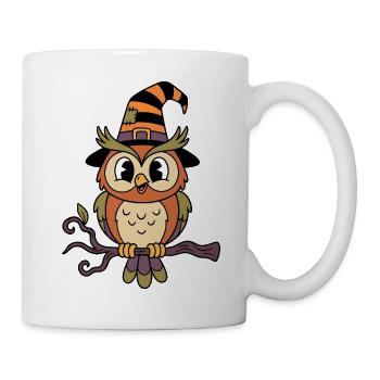 Süße Cartoon-Eule mit Hexenhut zu Halloween - Tasse - Weiß - Rechts